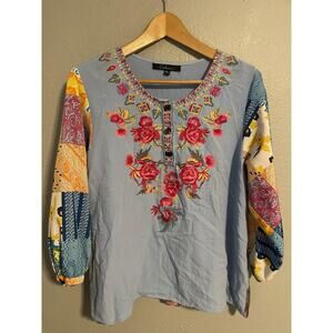 Calessa Blouse Womens Petite XL Embroidered Boho Patchwork 3/4 Sleeve